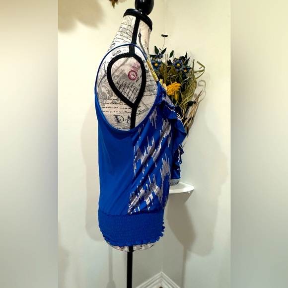 Solar USA Blue& Gold trim Ruffled Front Women's Top w Elastic Waist Large - Picture 3 of 7